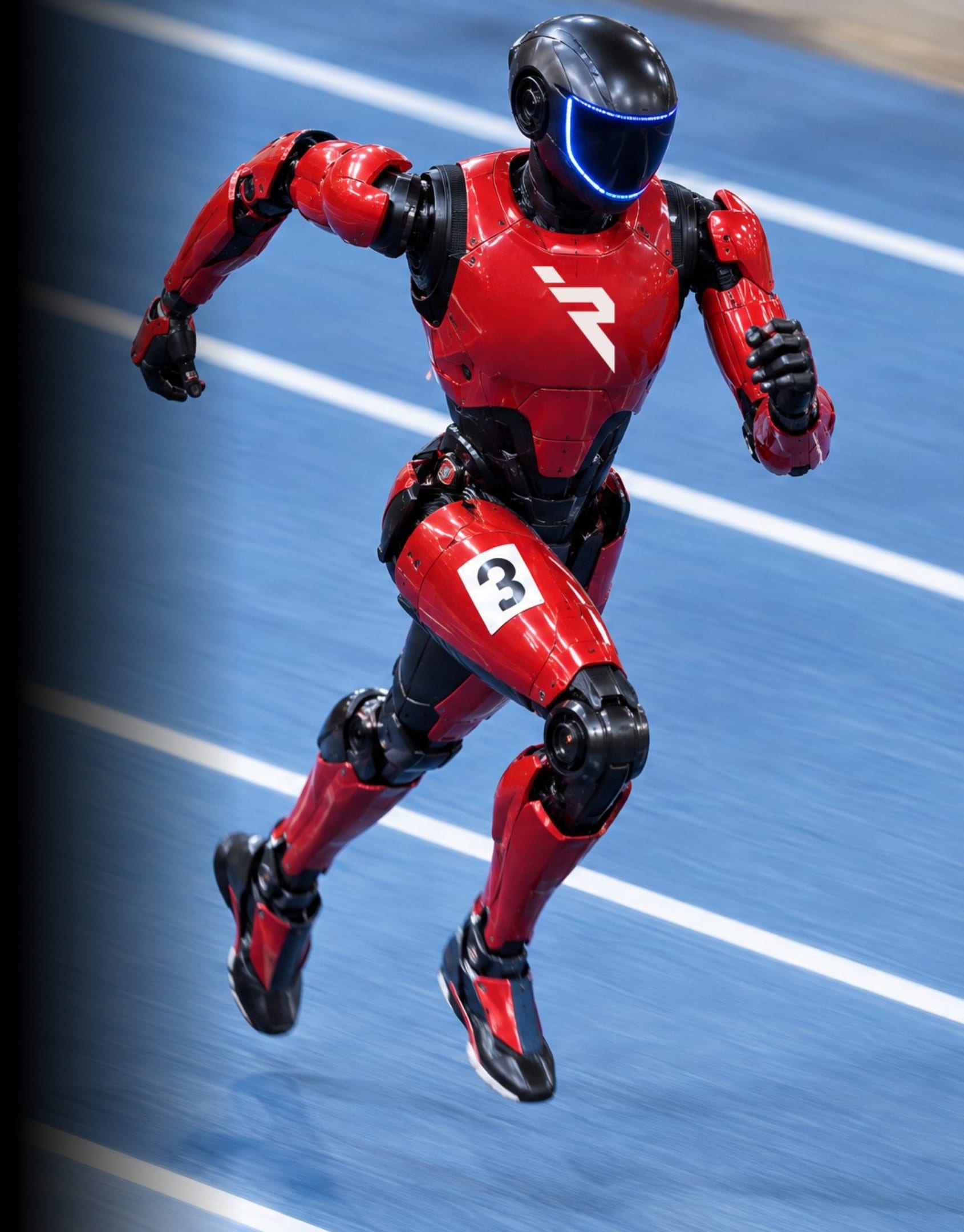 A red humanoid robot sprinting on a blue running track